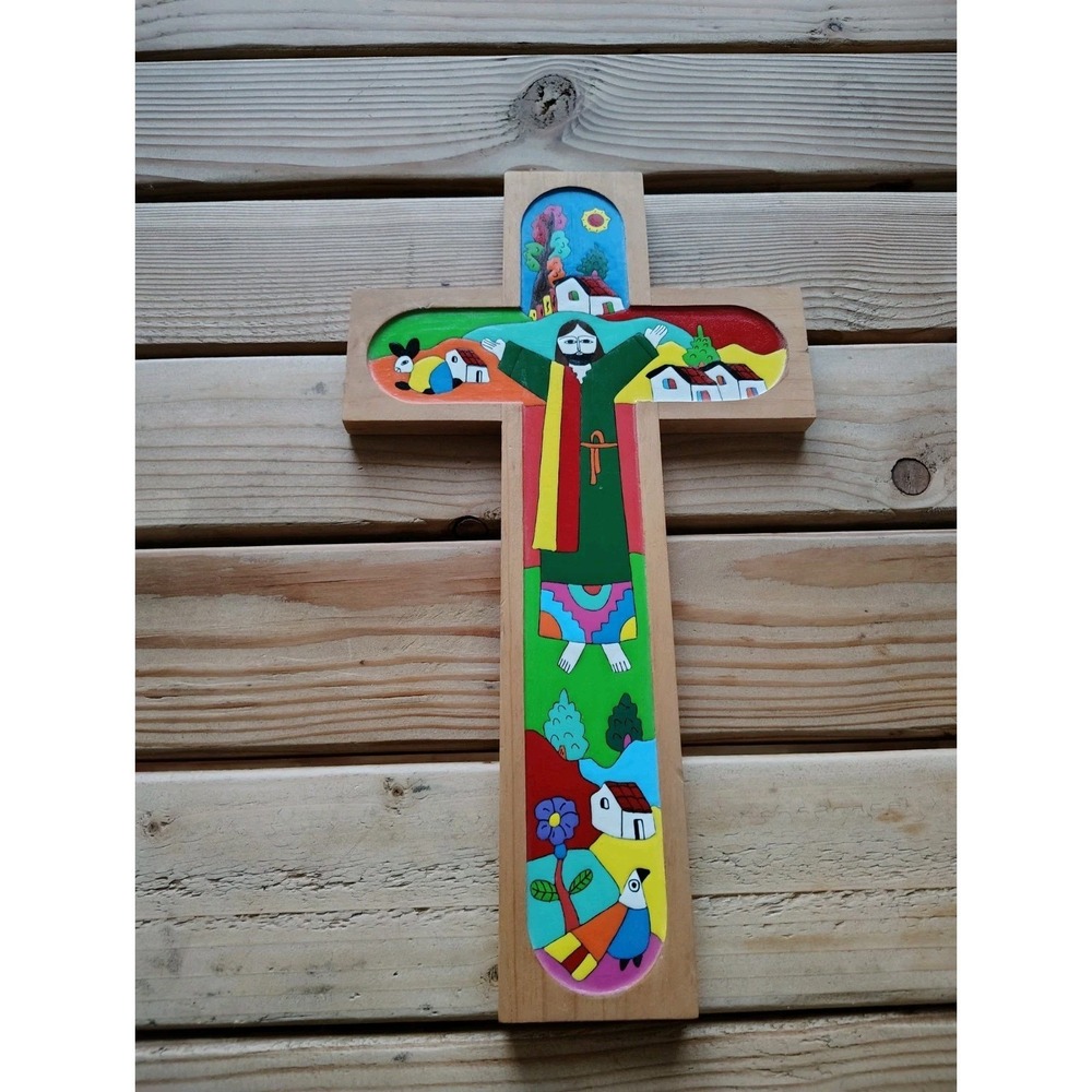 El Salvador Vintage Folk Art Jesus on Cross Hand Painted Wood Religious &Other‎ - Picture 3 of 16